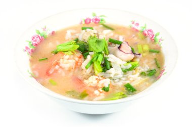 pirinç lapası ile domuz eti, karides ve kalamar ', Tay beyaz izole kahvaltı