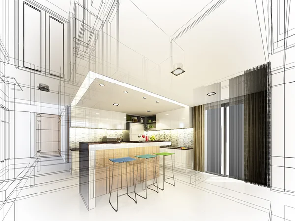 Abstracte schets ontwerp van interieur keukenconception de croquis abstrait de cuisine intérieur — Stockfoto