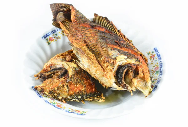Pescado de tilapia frito en el plato aislado sobre fondo blanco — Foto de Stock