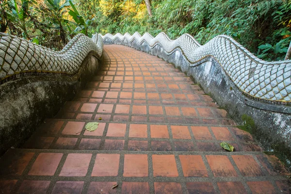 Naka statue on staircase balustrade at Wat Phra That Doi Tung, Chiang Rai, Thailand. — Stock Photo, Image