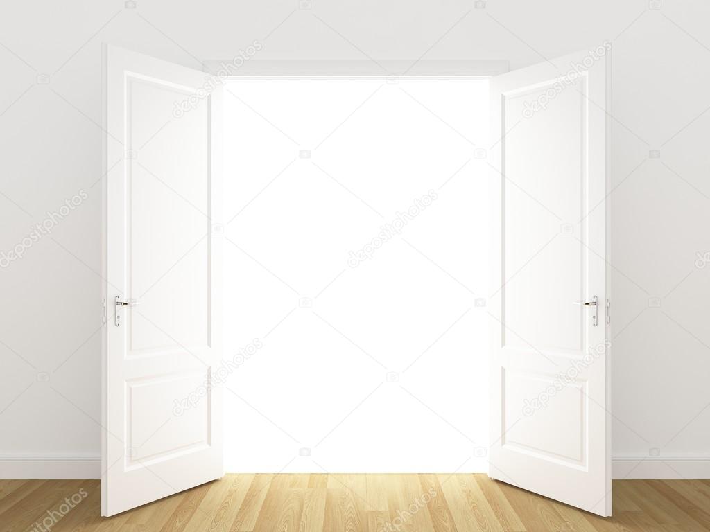 White openind door. Perspective