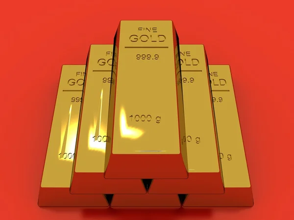 Gold bars isolated on red — Stock Photo, Image