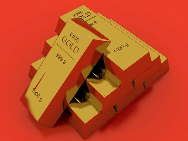 Gold bars isolated on red — Stock Photo, Image