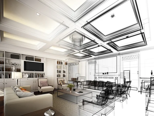 Sketch design of living ,3dwire frame render — Stock Photo, Image