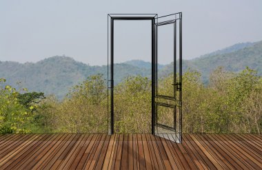 Landscape behind the opening door,3D clipart