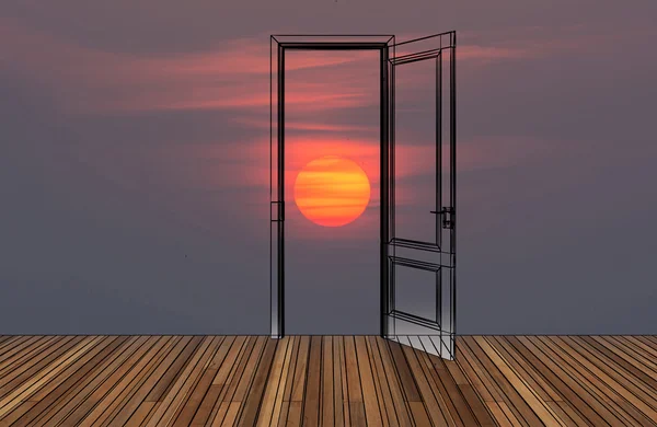 Landscape behind the opening door,3D — Stock Photo, Image