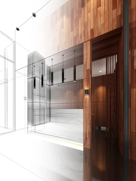 Schets ontwerpen van lobby, 3dwire frame render — Stockfoto