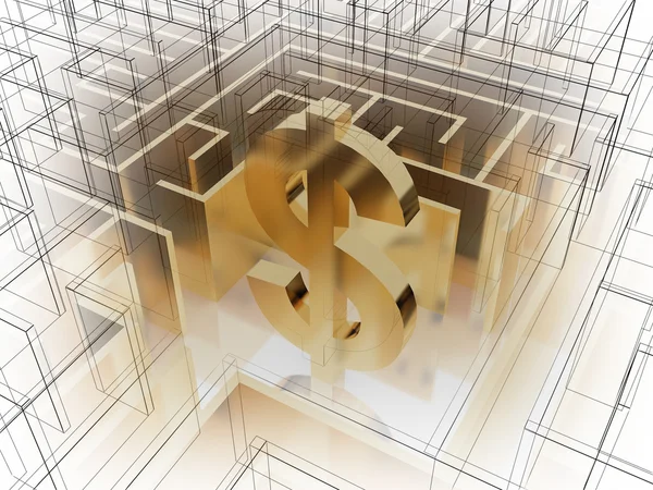 Segno del dollaro d'oro nel mezzo di un labirinto misterioso — Foto Stock