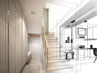 merdiven Hall, 3dwire kare render tasarım kroki