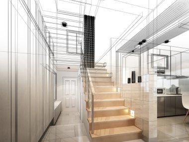 merdiven Hall, 3dwire kare render tasarım kroki