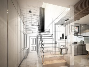 merdiven Hall, 3dwire kare render tasarım kroki