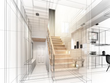 merdiven Hall, 3dwire kare render tasarım kroki