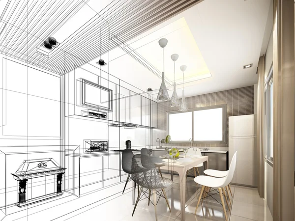 Abstraktní skica design interiéru kuchyně — Stock fotografie