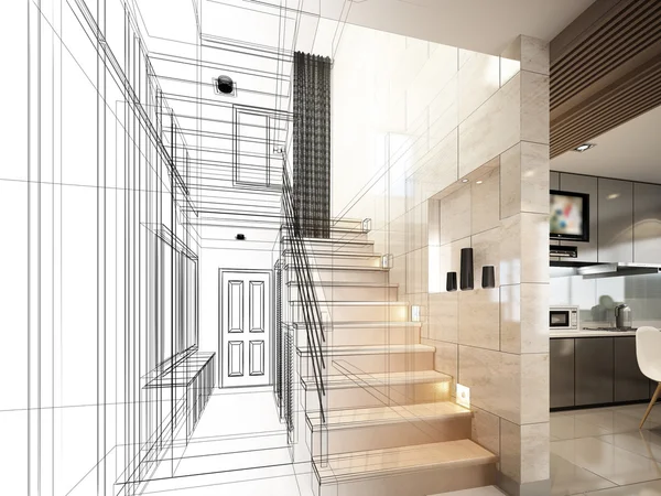 Vázlatot design lépcső terem, 3dwire keret render — Stock Fotó