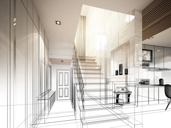 Diseño de boceto del pasillo de la escalera, renderizado de marco de 3dwire —  Fotos de Stock