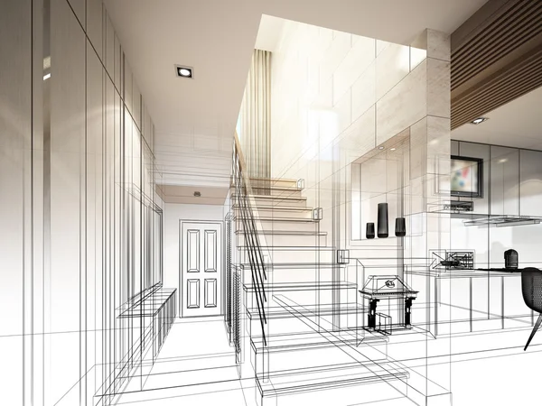 계단 홀, 3dwire 프레임 렌더링의 스케치 디자인 — 스톡 사진