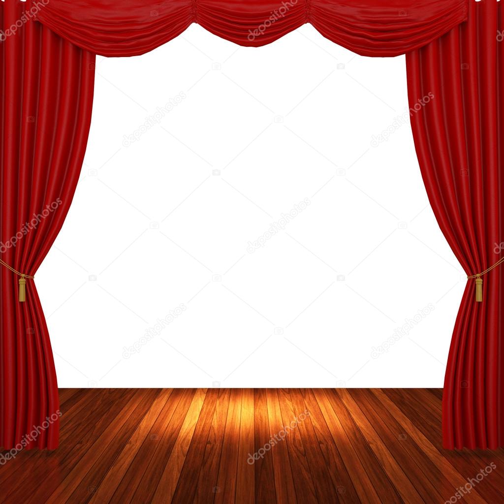 Stage with red curtains and spotlight.