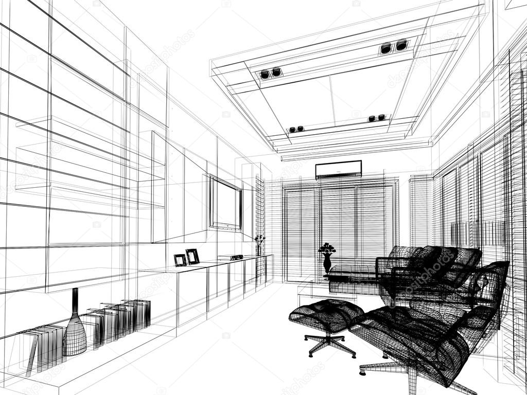 sketch design of living ,3dwire frame render