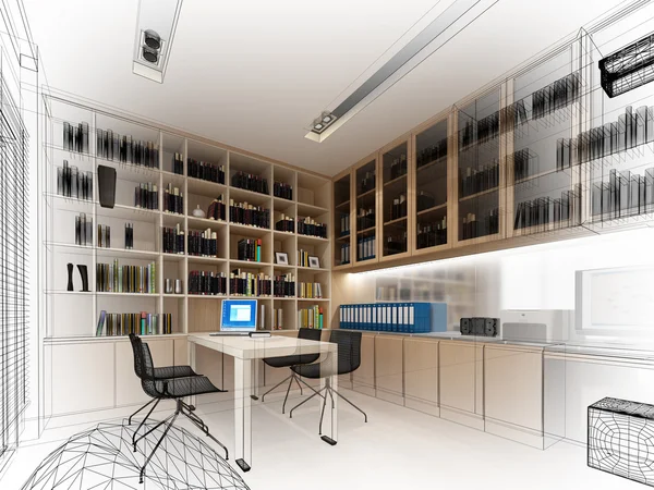 Skizze Entwurf des Arbeitszimmers, 3dwire frame render — Stockfoto