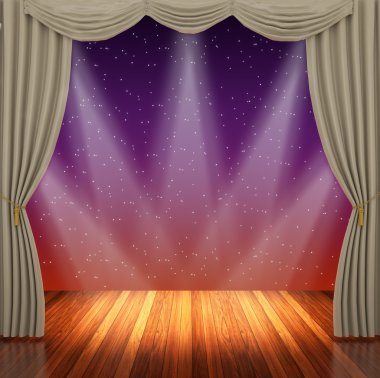 Stage with light brown curtains and spotlight. clipart