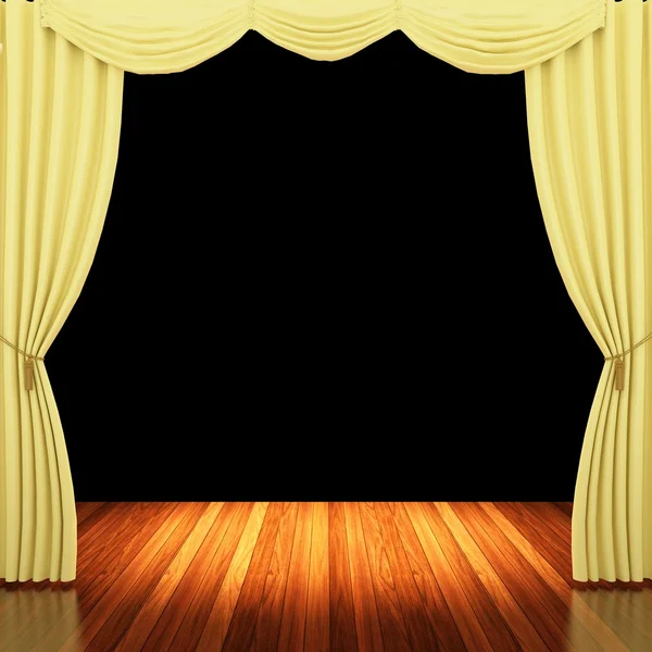 Palco com cortinas amarelas e holofotes . — Fotografia de Stock