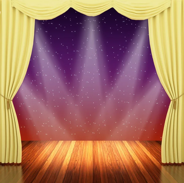 Palco com cortinas amarelas e holofotes . — Fotografia de Stock