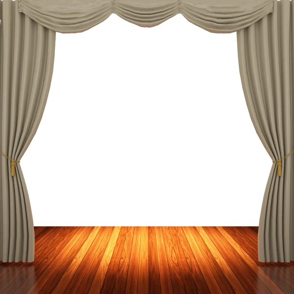 Palco com cortinas castanhas claras e holofotes . — Fotografia de Stock