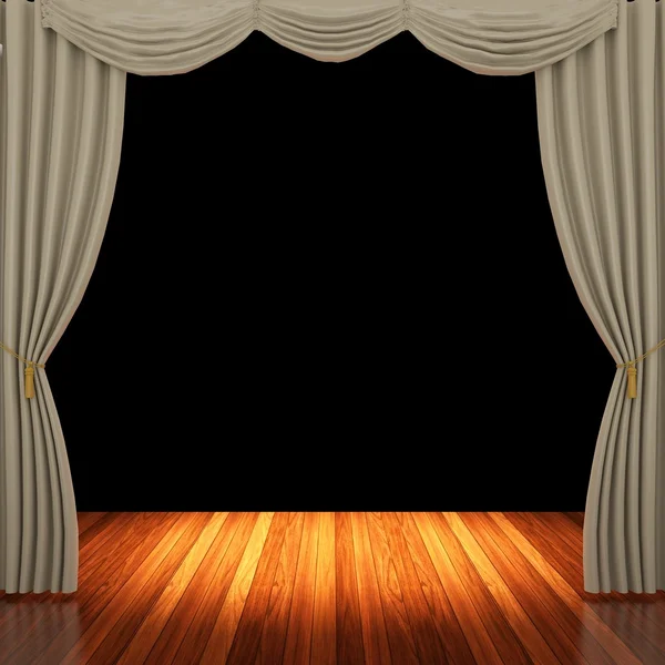 Stage with light brown curtains and spotlight. — Stock Photo, Image