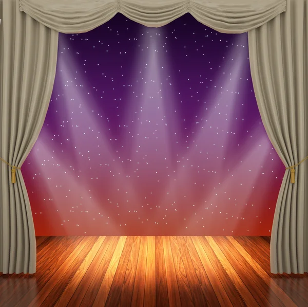 Stage with light brown curtains and spotlight. — Stock Photo, Image