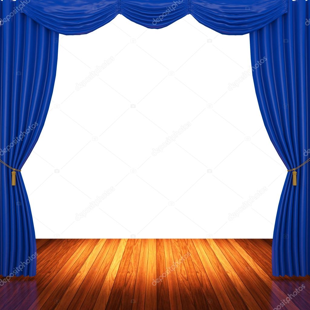 Stage with blue curtains and spotlight.