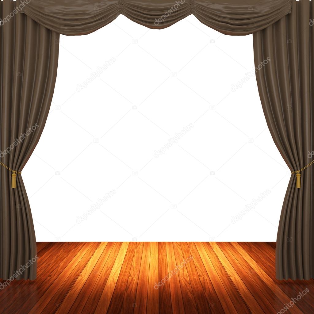 Stage with brown curtains and spotlight.