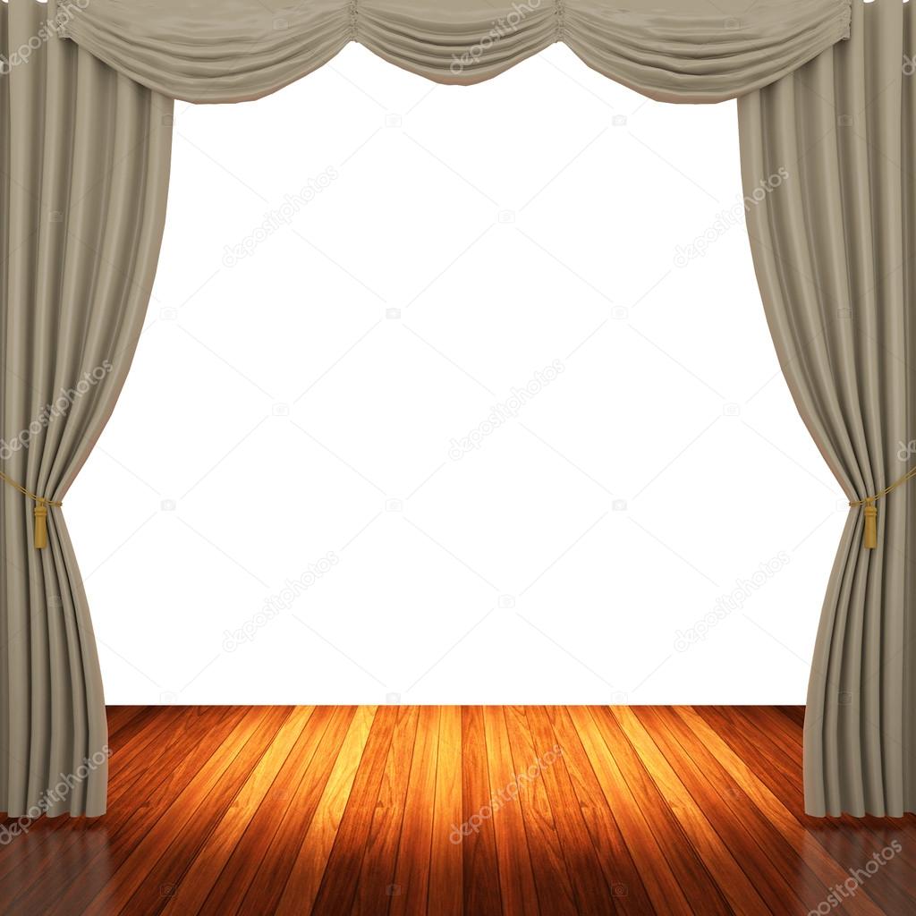 Stage with light brown curtains and spotlight.