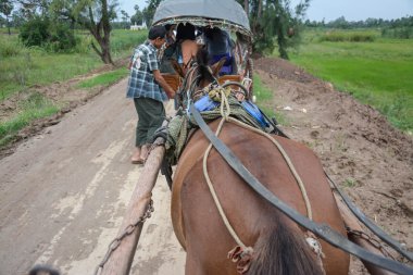 Inwa, Myanmar-Temmuz 31,2015: Tanımlanamayan taşıma yolcu ve taşıma malzemeleri yerel yolun bir köye Temmuz'da 31,2015 içinde Inwa antik kent, Mandalay devlet orta Myanmar çalışır.