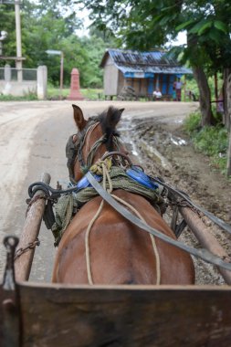 Inwa, Myanmar-Temmuz 31,2015: Tanımlanamayan taşıma yolcu ve taşıma malzemeleri yerel yolun bir köye Temmuz'da 31,2015 içinde Inwa antik kent, Mandalay devlet orta Myanmar çalışır.