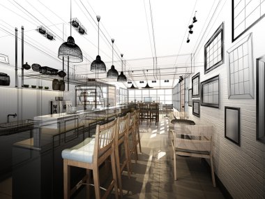 coffee shop, 3dwire kare render tasarım kroki