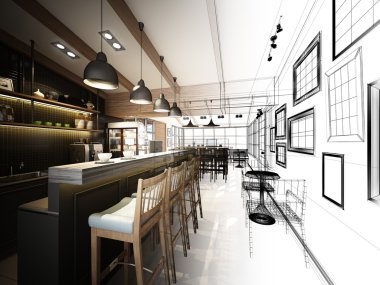 coffee shop, 3dwire kare render tasarım kroki