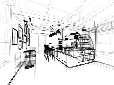 coffee shop, 3dwire kare render tasarım kroki