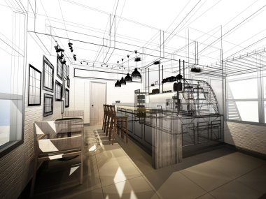 coffee shop, 3dwire kare render tasarım kroki