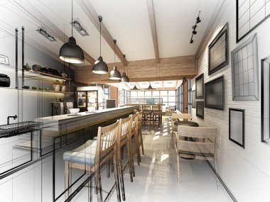coffee shop, 3dwire kare render tasarım kroki