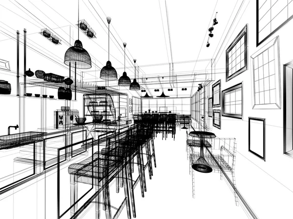 Boceto de diseño de la cafetería, 3dwire marco de renderizado — Foto de Stock