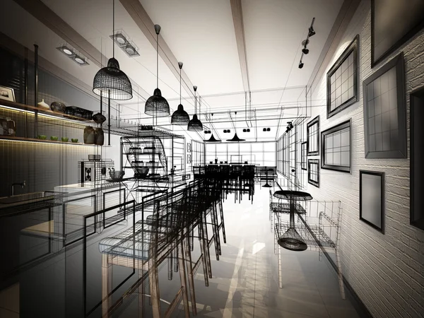 sketch design of coffee shop ,3dwire frame render