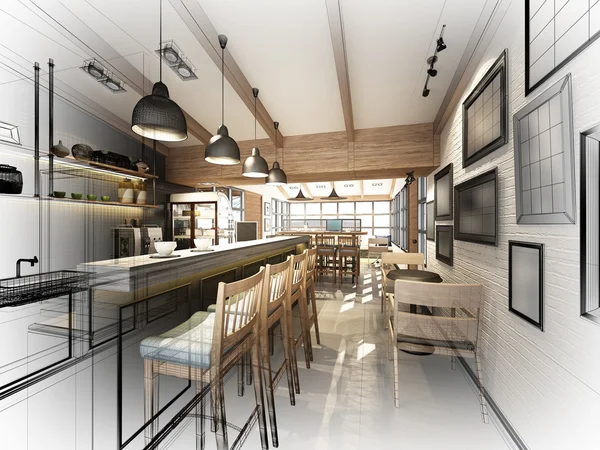 coffee shop, 3dwire kare render tasarım kroki