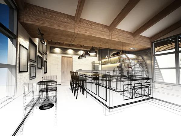 sketch design of coffee shop ,3dwire frame render