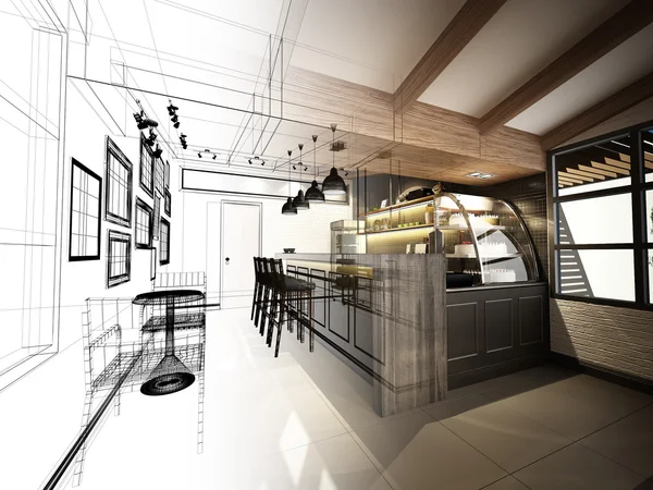 Boceto de diseño de la cafetería, 3dwire marco de renderizado — Foto de Stock