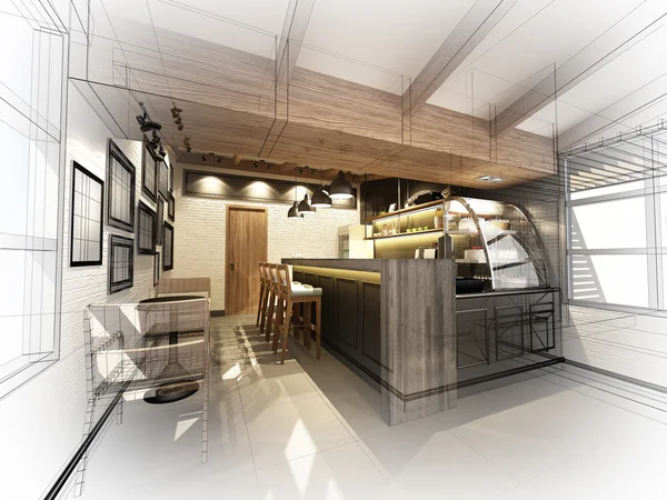 coffee shop, 3dwire kare render tasarım kroki