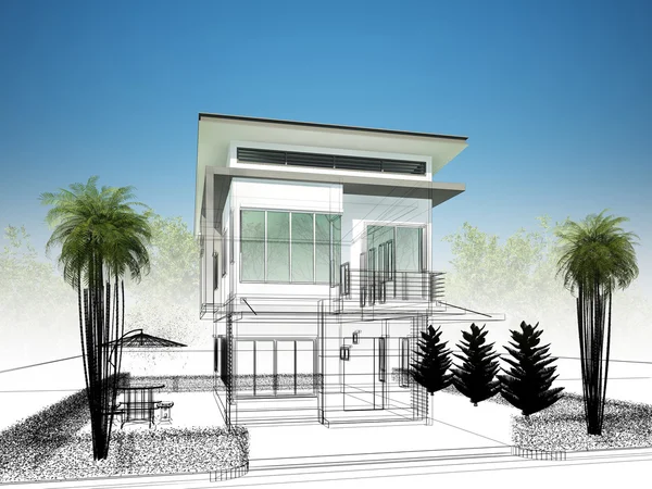 Boceto de diseño de la casa, 3dwire marco de renderizado — Foto de Stock