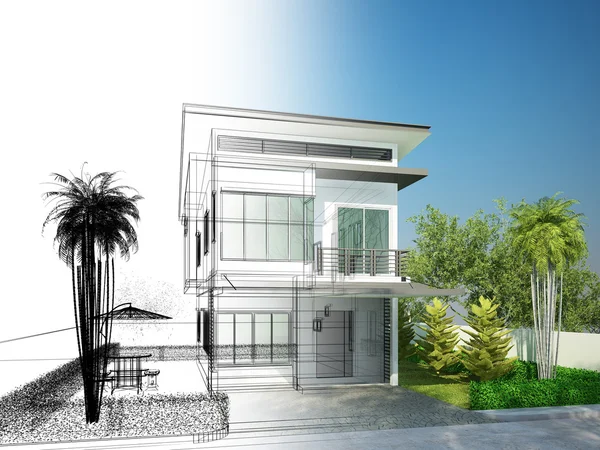 Skizze Entwurf des Hauses, 3dwire frame render — Stockfoto
