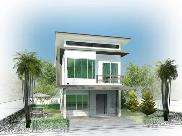Projeto do esboço da casa, renderização do quadro 3dwire — Fotografia de Stock
