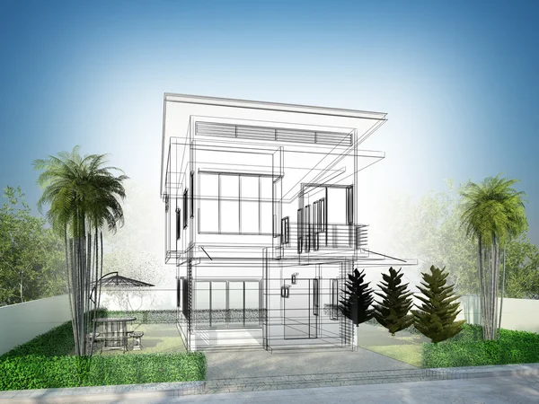 Projeto do esboço da casa, renderização do quadro 3dwire — Fotografia de Stock