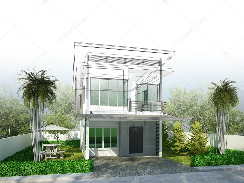 sketch design of house ,3dwire frame render